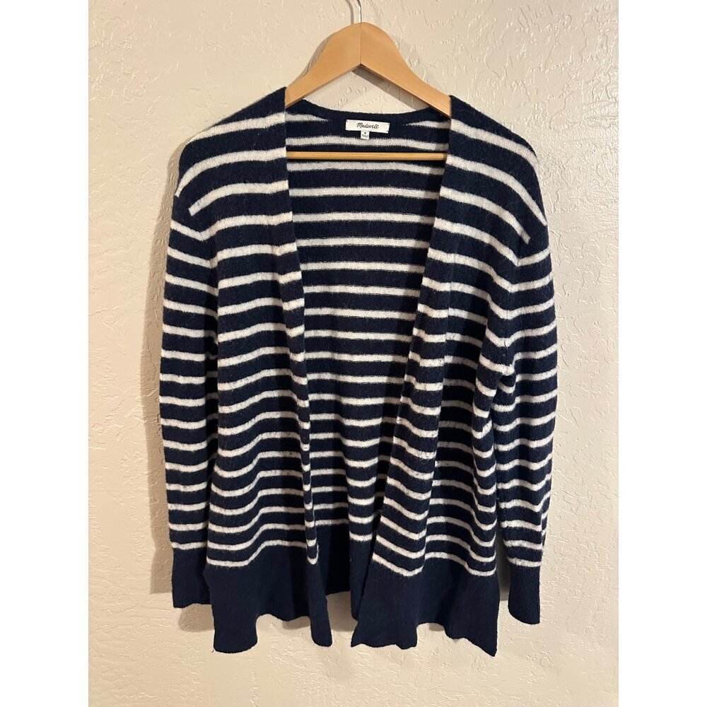 Madewell Y Cozy Blue & White "Walker" Striped Long Sleeved Alpaca Wool Cardigan - Picture 2 of 11